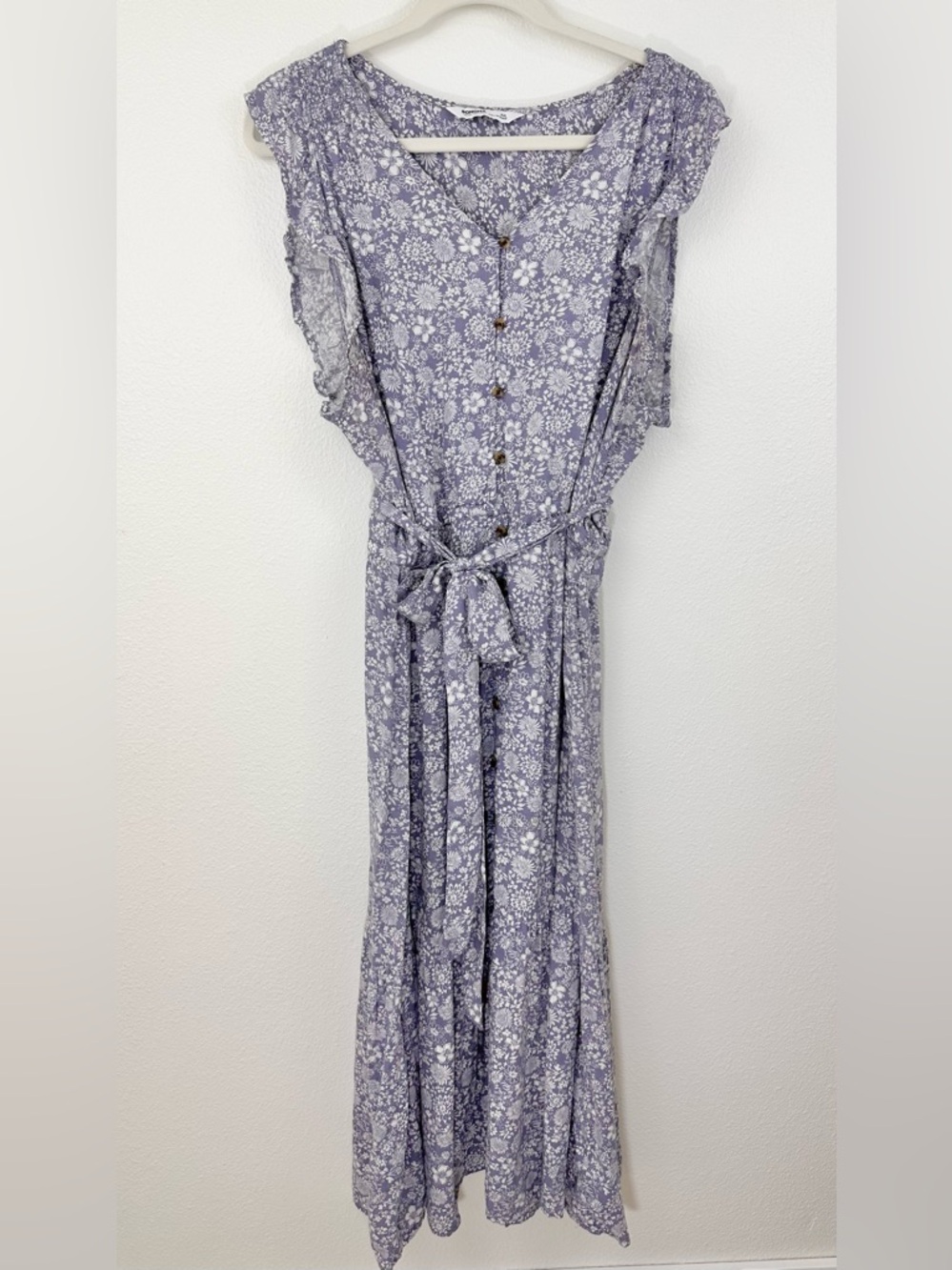 Sonoma Floral Rayon Dress XXL Purple White Flutter Sleeve Elastic Waist Midaxi